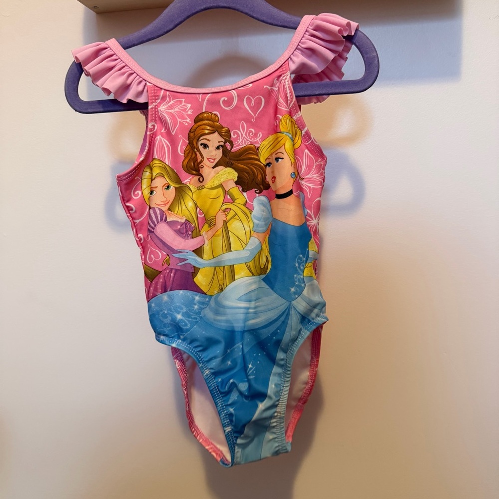 Disney Princess Toddler Swimsuit 2T Belle Cinderella Rapunzel Pink One-Piece